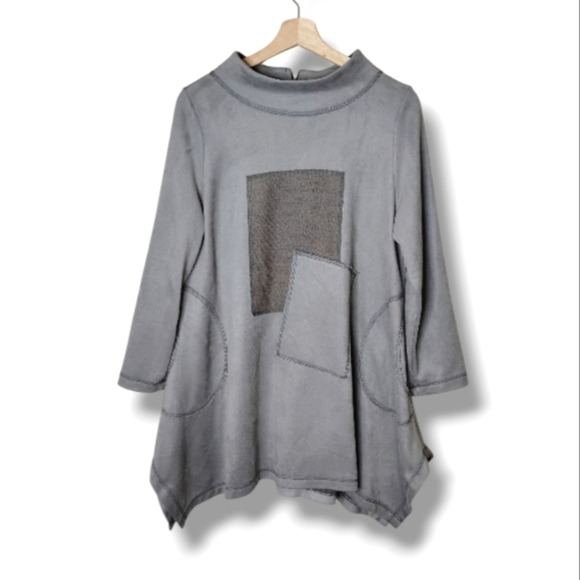 IC by Connie K Lagenlook Tunic Top S Asym Hem Patch Pockets Funnel Neck Gray - Picture 1 of 11